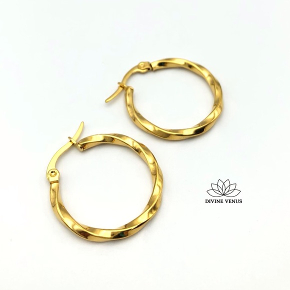 Twisted Hoop Earrings • 304 Gold Plated Stainless Steel - Picture 2 of 4